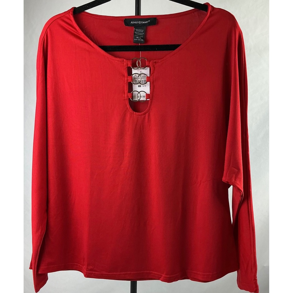 Ashley Stewart Women's Plus Size Red Long Sleeve Top Gold Rings Detail Sz 14/16